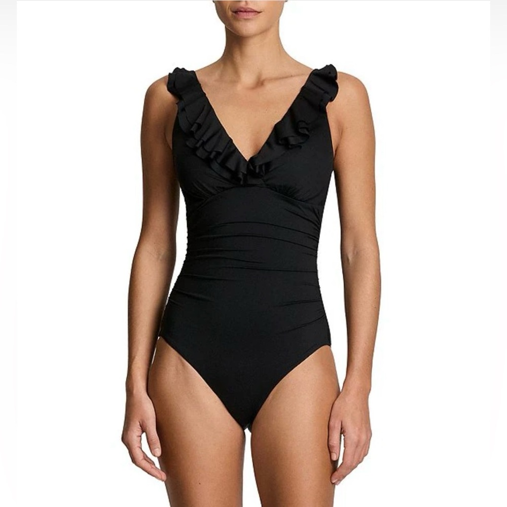 Lauren Ralph Lauren Core Solid Ruffle Underwire One Piece Swimsuit in Black NWOT